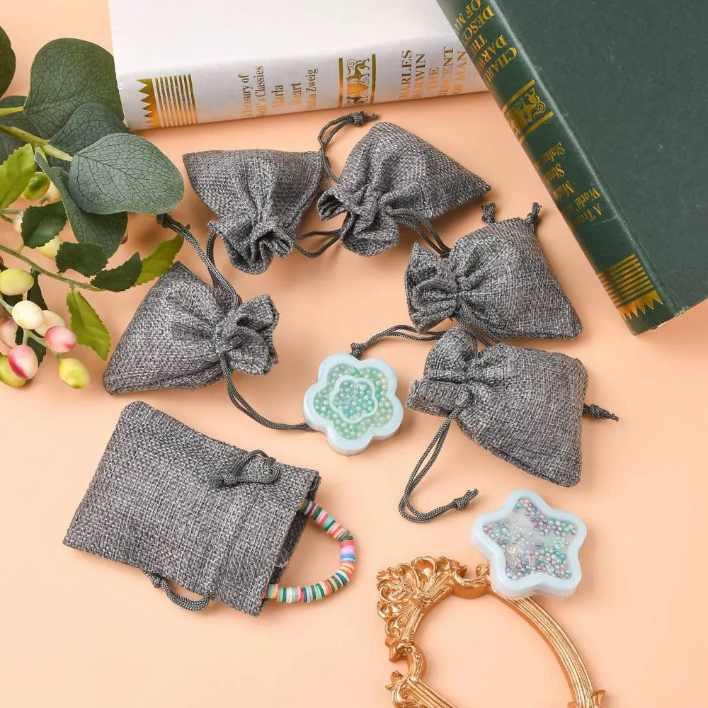 50 pc Burlap Packing Pouches Drawstring Bags, Gray, 9x7cm
