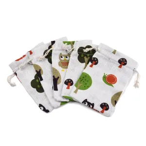 50 pc Polycotton(Polyester Cotton) Packing Pouches Drawstring Bags, with Printed Tree and Owl, Old Lace, 14x10cm