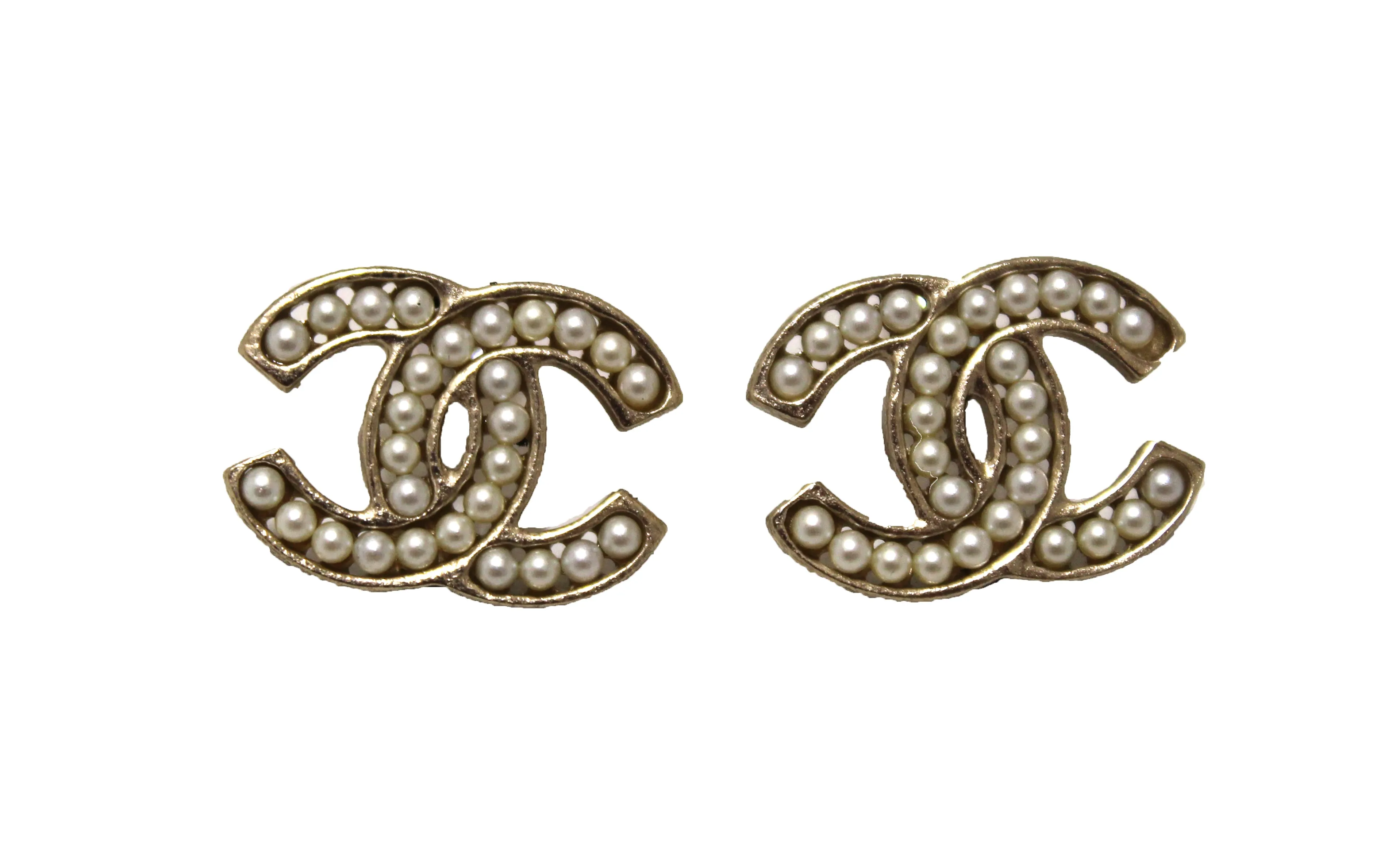 Authentic Chanel Classic CC Gold-Tone Timeless Pearl Earrings