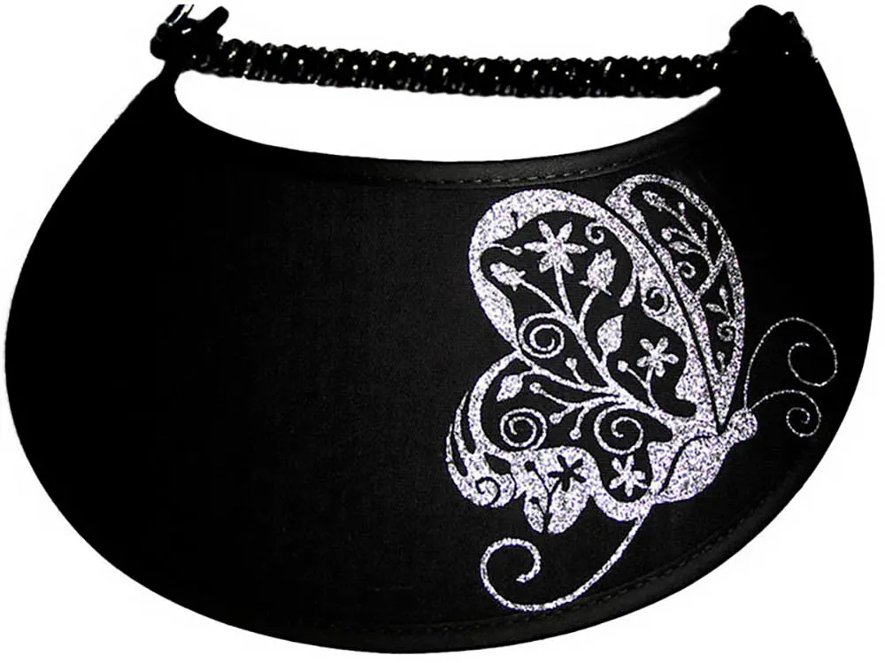 Butterfly in Silver Glitz on Black Sun Visor