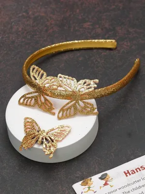 Golden Butterfly Embellished Hairband and Clip Set for Kids