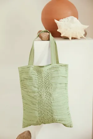 Green linen hand smocking tote bag