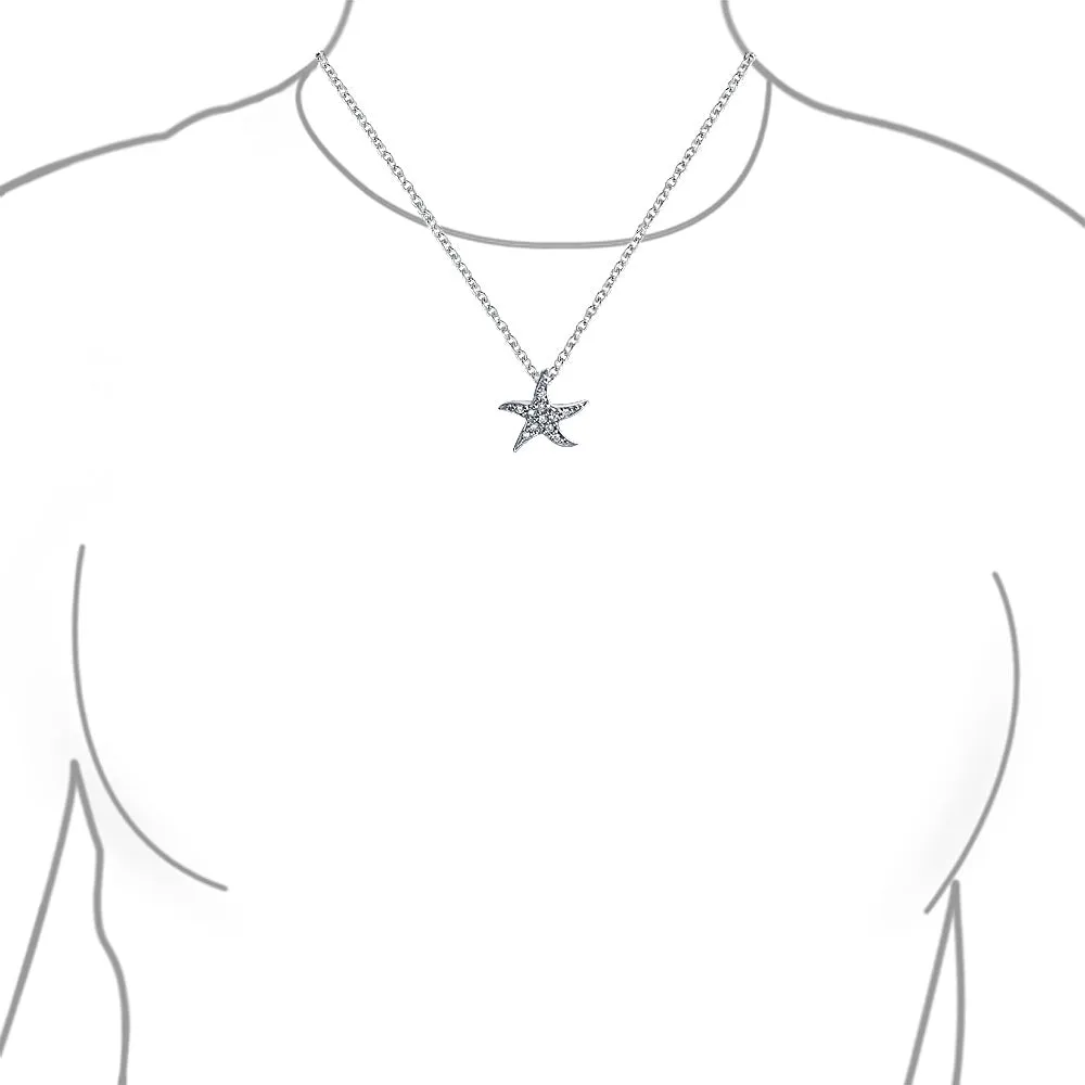 Pave CZ Starfish Pendant Necklace Sterling Silver Nautical Beach Vacation Jewelry